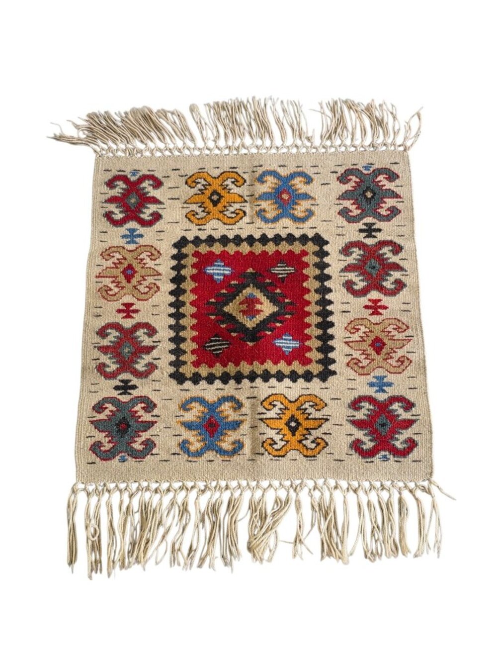 Vtg Prayer Rug, Wool, Hand Knotted, 26" x 18" Kiliam Flat Weave Fringe